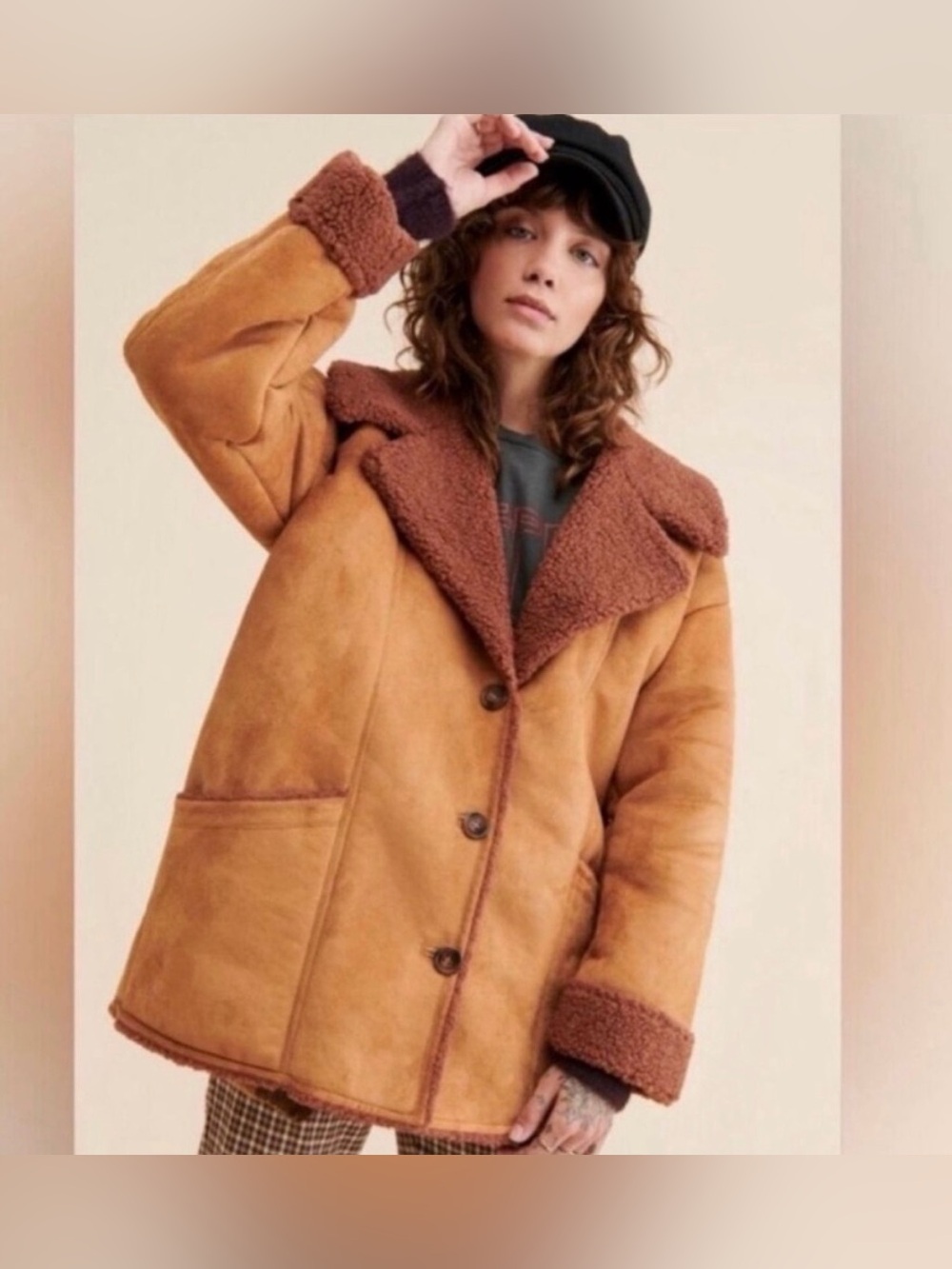 Free People Diogo Faux-Suede Sherpa Coat in Toasted Almond Brown